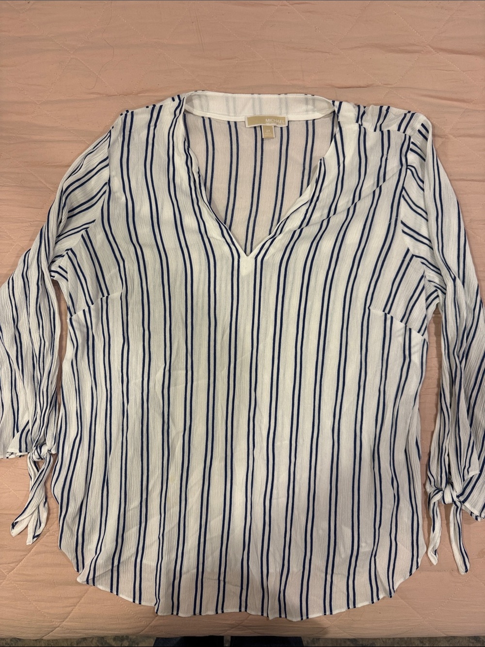 MICHAEL Michael Kors White V-Neck Blouse with Navy Stripes